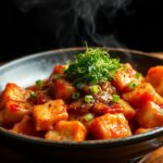 Spicy Korean mapo dak galbi, a fiery chicken and vegetable dish.