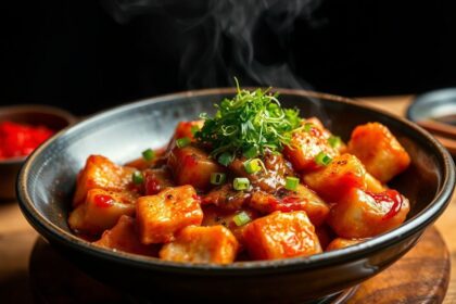 Spicy Korean mapo dak galbi, a fiery chicken and vegetable dish.