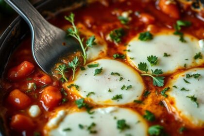 Shakshuka: vibrant Mediterranean masterpiece with feta and herbs.