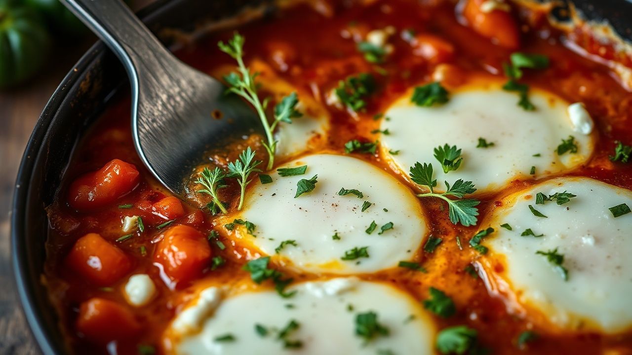 Shakshuka: vibrant Mediterranean masterpiece with feta and herbs.