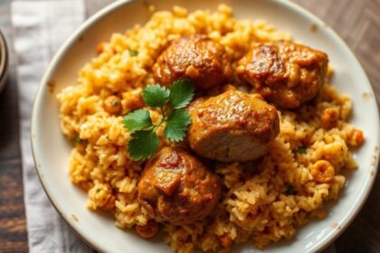 Savory Jollof Rice with chicken, a vibrant West African culinary masterpiece.