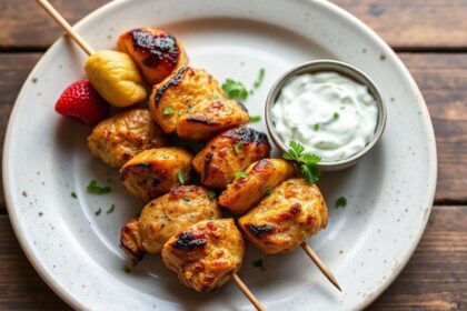 Grilled Greek souvlaki skewers with vibrant homemade tzatziki, a perfect summer meal.