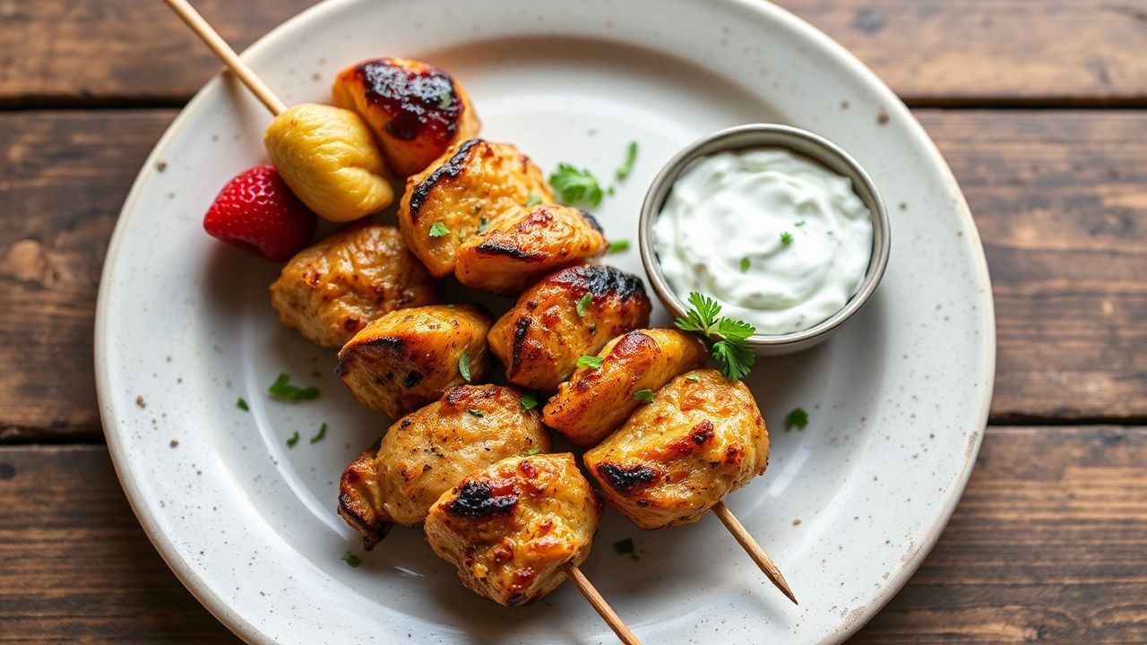 Grilled Greek souvlaki skewers with vibrant homemade tzatziki, a perfect summer meal.