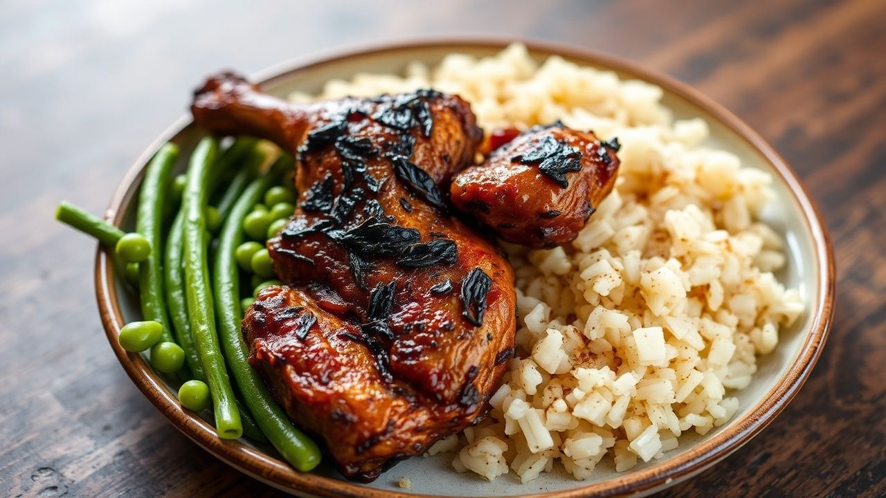 Authentic Jamaican jerk chicken with rice and peas, a culinary masterclass.