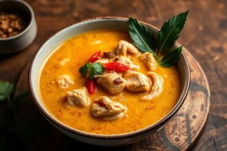 Vibrant bowl of Laksa soup, rich with Southeast Asian flavors.