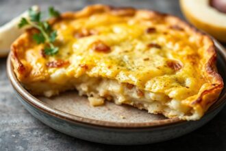Golden Spanish tortilla, a comforting potato omelette, sliced on a rustic plate.