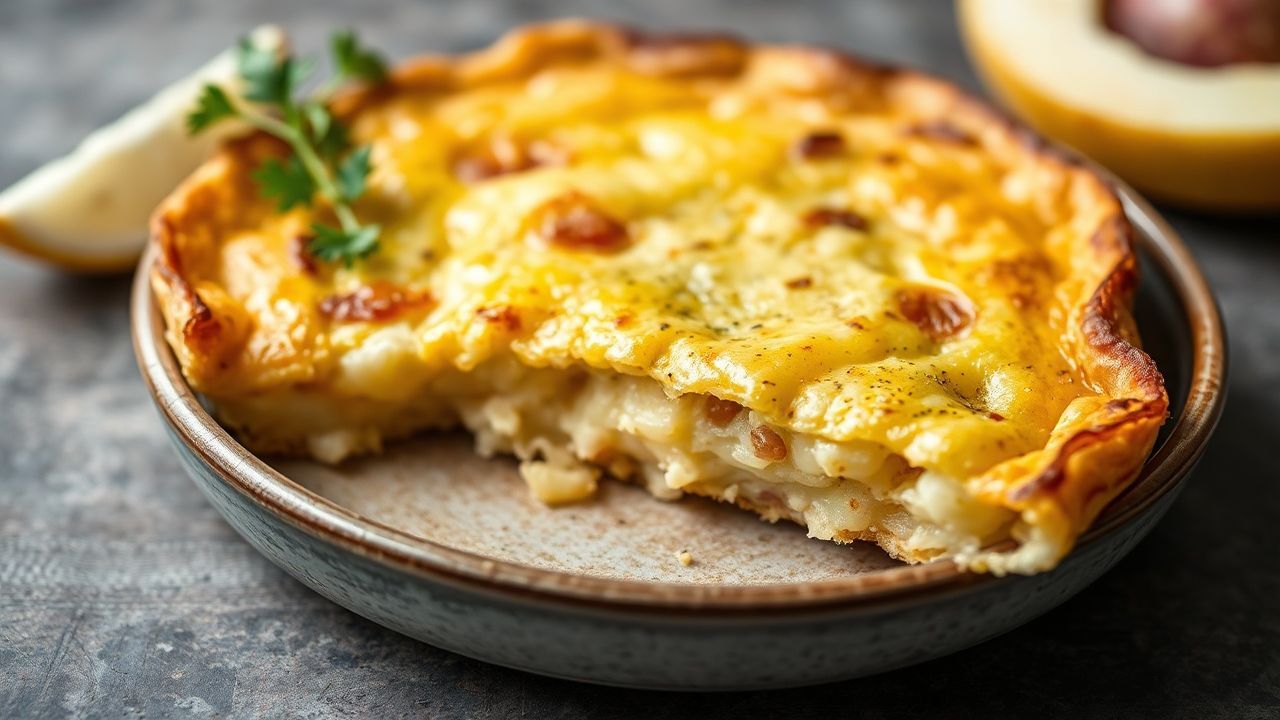 Golden Spanish tortilla, a comforting potato omelette, sliced on a rustic plate.