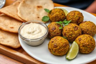 Golden falafel, vibrant dips, and fresh herbs create a perfect falafel platter.