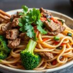 Pad See Ew with beef and Chinese broccoli in a wok.