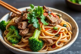 Pad See Ew with beef and Chinese broccoli in a wok.