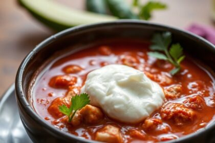 A steaming bowl of red chicken pozole, rich and comforting.