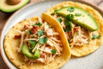 Golden arepa pocket filled with shredded chicken and avocado.