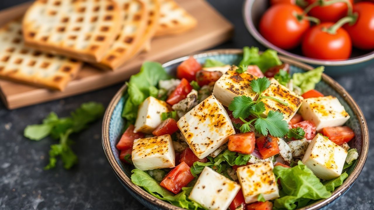 Charred halloumi atop a vibrant Lebanese Fattoush salad.