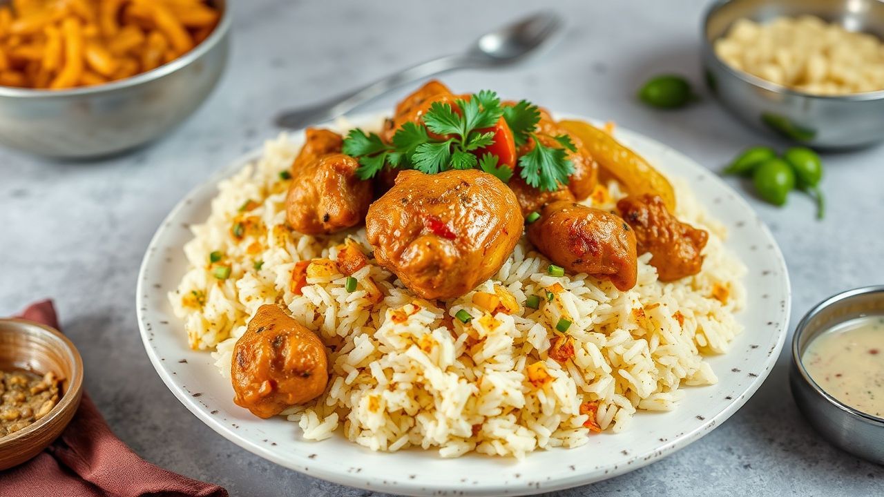 Rich Hyderabadi chicken biryani, a fragrant culinary masterpiece.