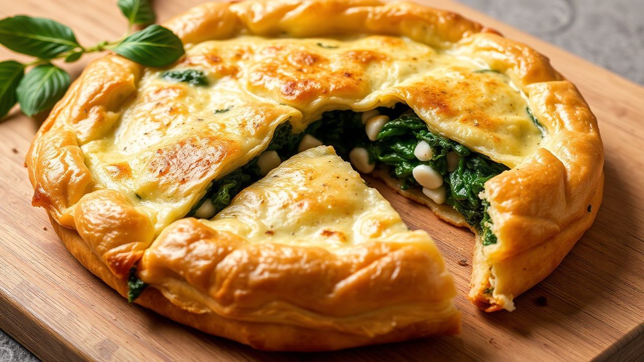Golden spanakopita, a savory Greek spinach pie, ready to serve.