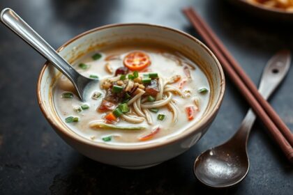 Comforting Khao Suey: Rich, creamy Burmese noodle soup with diverse toppings.