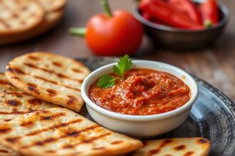 Vibrant Muhammara dip with grilled flatbread, a taste of Syrian soul.