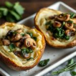 Elevated baked potatoes with earthy mushrooms and vibrant spinach.