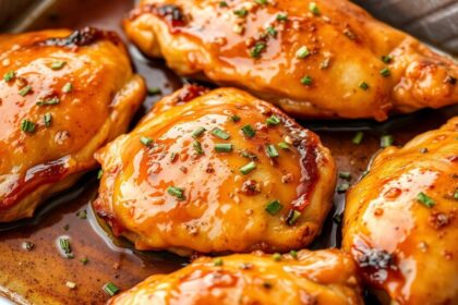Simple baked honey garlic chicken thighs recipe.