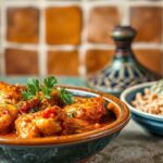 Moroccan chicken tagine bubbling in a traditional tagine pot.