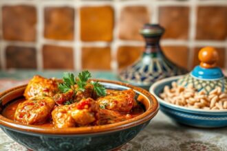 Moroccan chicken tagine bubbling in a traditional tagine pot.
